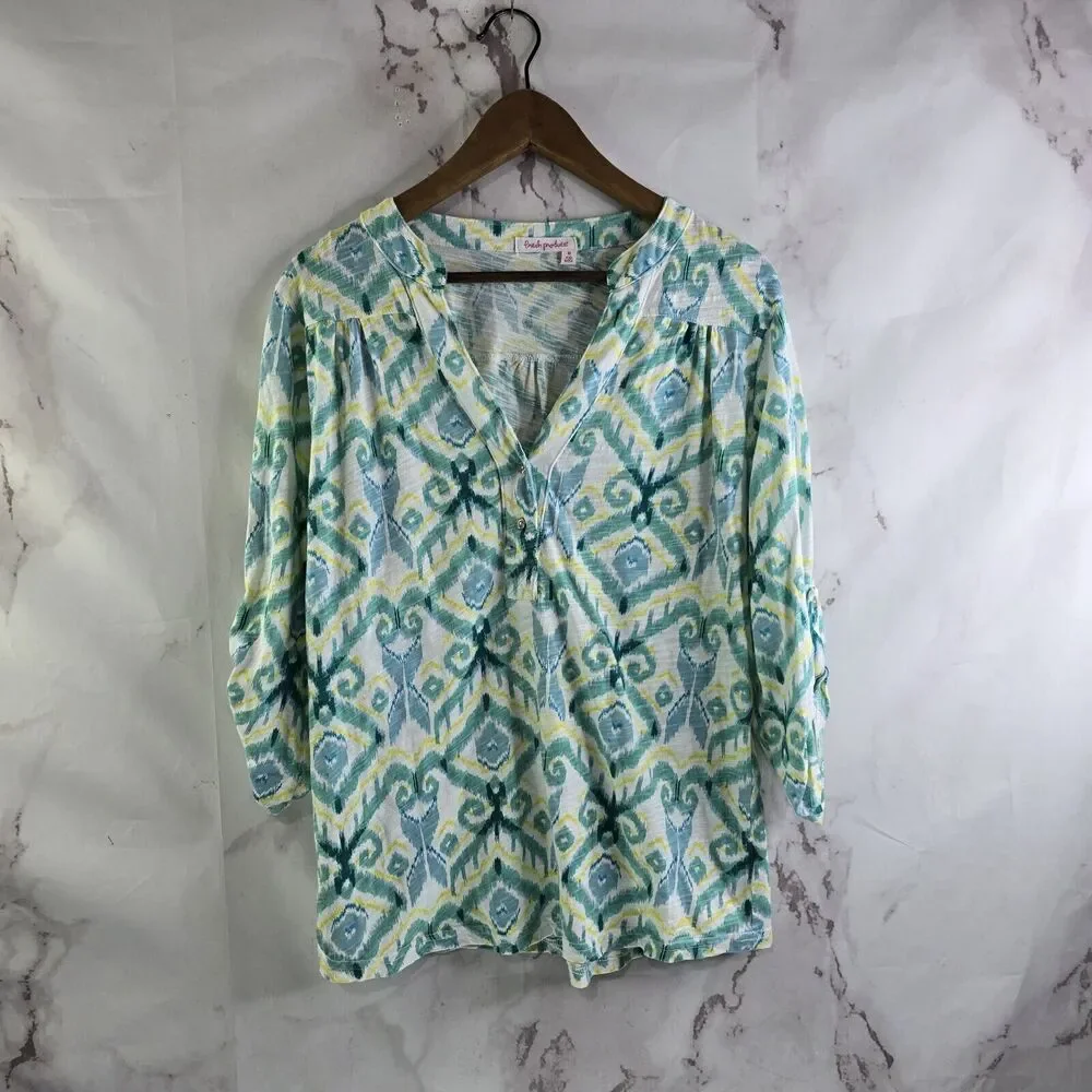 Fresh Produce T Shirt Womens Medium Green Yellow Roll Up Tee Jersey Argyle Long
